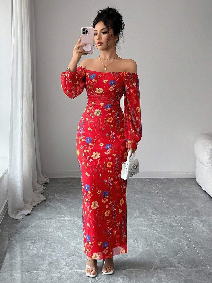 SHEIN 女款優雅方領花卉枝條印花網紗彈性腰抽褶緊身開衩長燈籠袖洋裝 - 紅色 - 查看 1