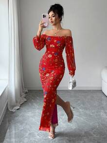 SHEIN 女款優雅方領花卉枝條印花網紗彈性腰抽褶緊身開衩長燈籠袖洋裝 - 紅色 - 查看 7