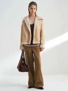 Airaco Jaqueta de Suede com Forro Térmico, Gola Alta, Zíper na Frente, Estilo Casual Diário, Moda de Rua Chique, Outono/Inverno - Amarelo - Visão 7