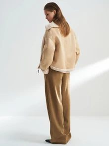 Airaco Jaqueta de Suede com Forro Térmico, Gola Alta, Zíper na Frente, Estilo Casual Diário, Moda de Rua Chique, Outono/Inverno - Amarelo - Visão 4