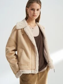 Airaco Jaqueta de Suede com Forro Térmico, Gola Alta, Zíper na Frente, Estilo Casual Diário, Moda de Rua Chique, Outono/Inverno - Amarelo - Visão 3