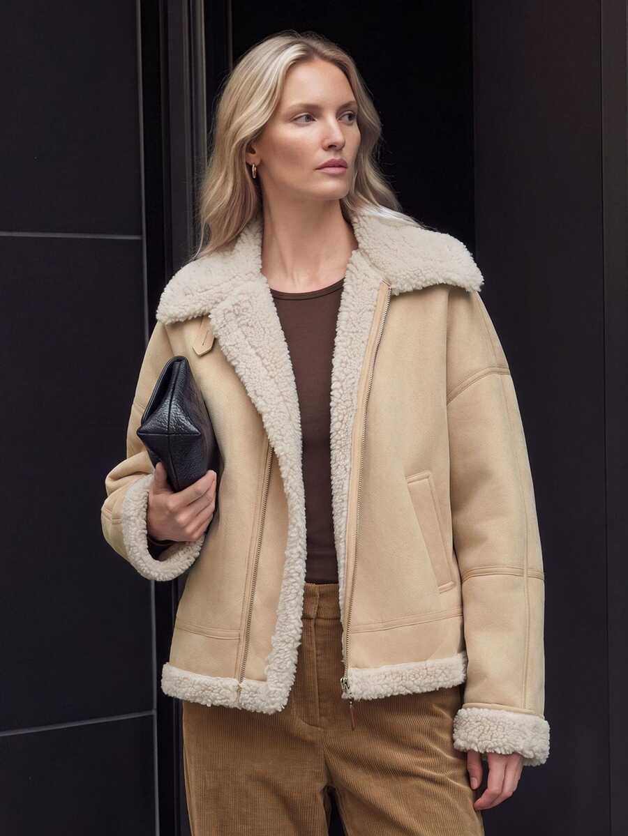 Airaco Jaqueta de Suede com Forro Térmico, Gola Alta, Zíper na Frente, Estilo Casual Diário, Moda de Rua Chique, Outono/Inverno - Amarelo - Visão 1