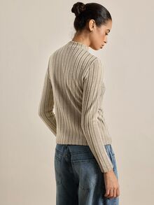 Airaco 女式修身纯色抓绒罗纹针织立领长袖 T 恤 - 卡其色 - 查看 4