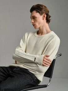 Calmiston Men's Minimalist Versatile Ribbed Long Sleeve Sweater For Daily Wear Old Money Couple Matching Outfit - Beige - View 3