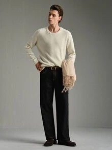 Calmiston Men's Minimalist Versatile Ribbed Long Sleeve Sweater For Daily Wear Old Money Couple Matching Outfit - Beige - View 4