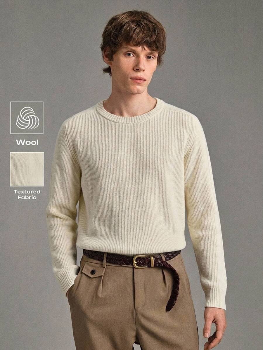 Calmiston Men's Minimalist Versatile Ribbed Long Sleeve Sweater For Daily Wear Old Money Couple Matching Outfit - Beige - View 1