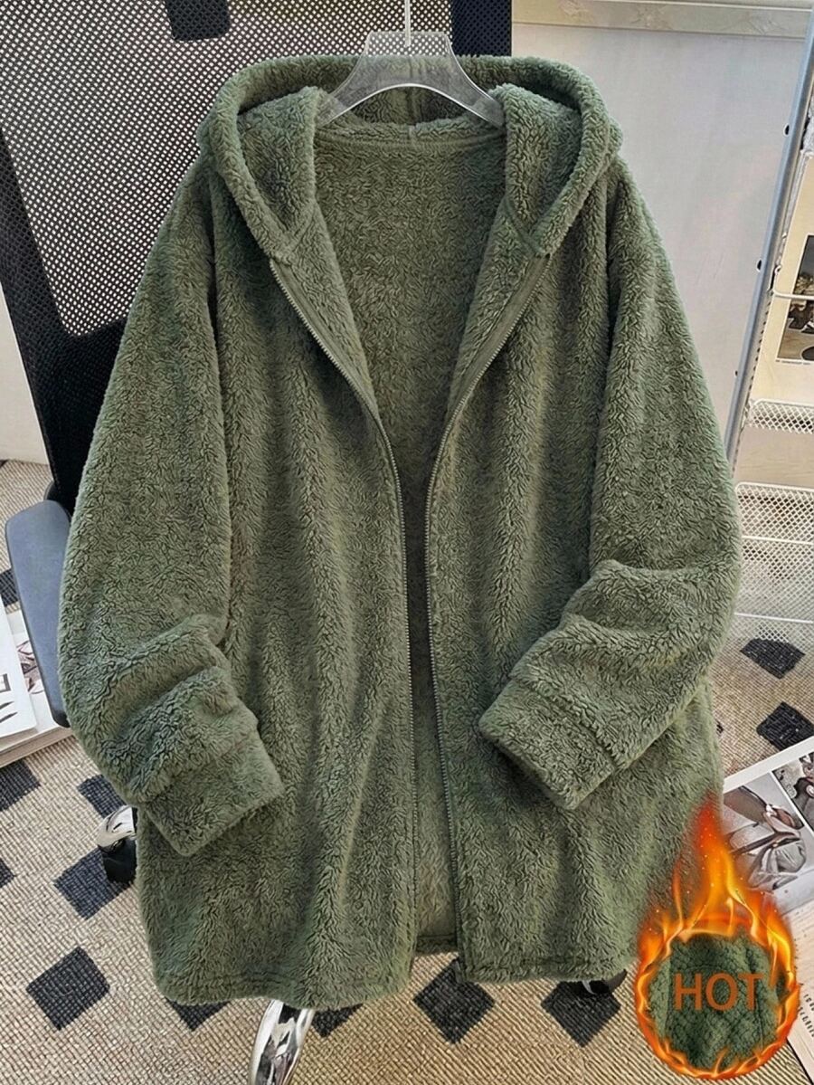 SHEIN LUNE Plus Size Autumn/Winter Casual Hooded Warm Overcoat - Olive Green - View 1
