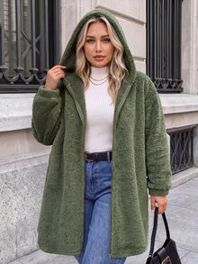 SHEIN LUNE Plus Size Autumn/Winter Casual Hooded Warm Overcoat - Olive Green - View 7