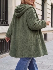 SHEIN LUNE Plus Size Autumn/Winter Casual Hooded Warm Overcoat - Olive Green - View 3