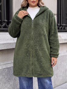 SHEIN LUNE Plus Size Autumn/Winter Casual Hooded Warm Overcoat - Olive Green - View 6