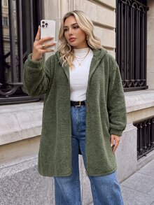 SHEIN LUNE Plus Size Autumn/Winter Casual Hooded Warm Overcoat - Olive Green - View 4