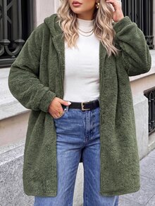 SHEIN LUNE Plus Size Autumn/Winter Casual Hooded Warm Overcoat - Olive Green - View 8