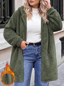 SHEIN LUNE Plus Size Autumn/Winter Casual Hooded Warm Overcoat - Olive Green - View 5