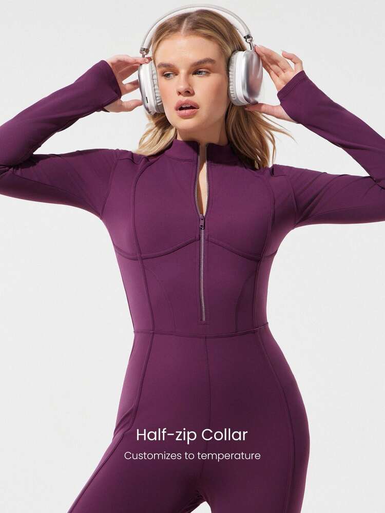 GLOWMODE 25" ButterFit Bold Glow Soft Breathable Sweat-Wicking Front Zipper Corset-Style Deep V-Back Removable Cups Long-Sleeve Jumpsuit Spring - Cherry Cola - View 5