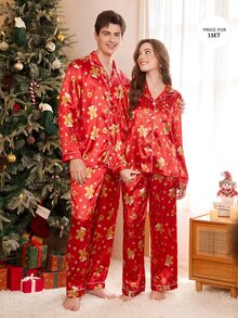 CoupledUp Faux Silk Christmas Style Lapel Long Sleeve Long Pants Pajama Set - Red - View 9