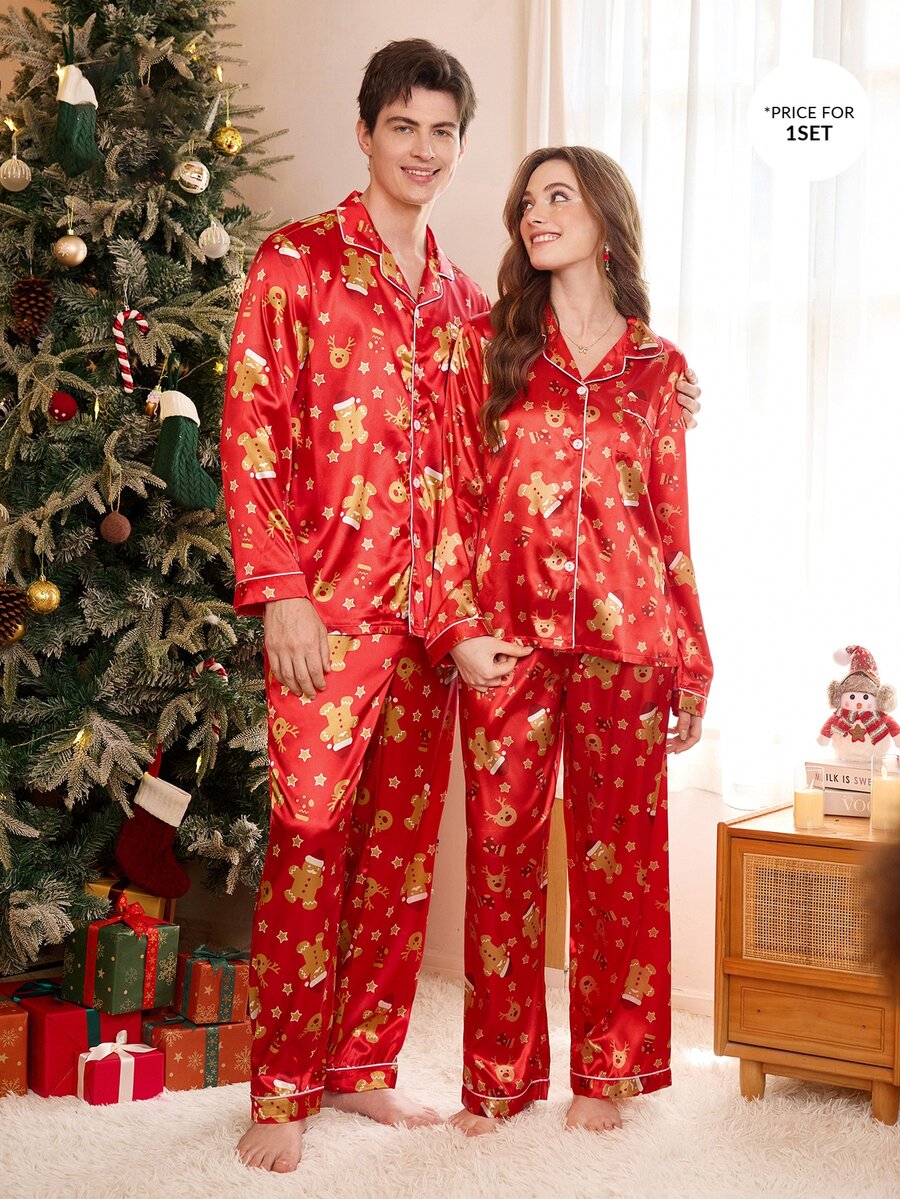 CoupledUp Faux Silk Christmas Style Lapel Long Sleeve Long Pants Pajama Set - Red - View 1