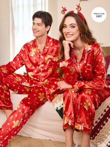 CoupledUp Faux Silk Christmas Style Lapel Long Sleeve Long Pants Pajama Set - Red - View 8