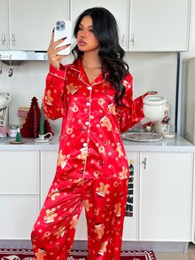 CoupledUp Faux Silk Christmas Style Lapel Long Sleeve Long Pants Pajama Set - Red - View 7