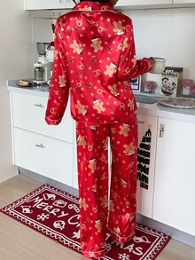 CoupledUp Faux Silk Christmas Style Lapel Long Sleeve Long Pants Pajama Set - Red - View 3