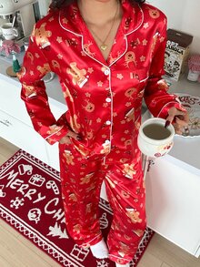 CoupledUp Faux Silk Christmas Style Lapel Long Sleeve Long Pants Pajama Set - Red - View 5