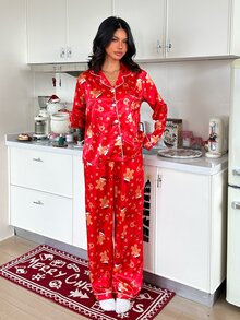 CoupledUp Faux Silk Christmas Style Lapel Long Sleeve Long Pants Pajama Set - Red - View 4