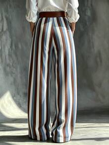 Glimmora Women's Minimalist Striped Colorblock Pocket Loose Long Pants - Multicolor - View 2