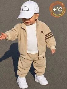 SHEIN 中性嬰兒男/女童、幼兒 2件組秋冬保暖內裡加厚可愛立領夾克套裝，嬰兒冬季服飾，運動套裝 - 卡其色 - 查看 8