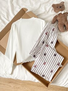 SHEIN Tween女孩可愛甜美極簡彩色熊圖案V領半開襟荷葉邊長袖居家休閒睡衣套裝 2件組 - 彩色 - 查看 2