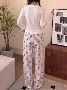 SHEIN Tween女孩可愛甜美極簡彩色熊圖案V領半開襟荷葉邊長袖居家休閒睡衣套裝 2件組 - 彩色 - 查看 5