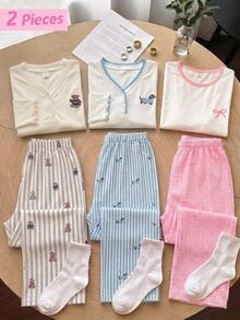 SHEIN Tween女孩可愛甜美極簡彩色熊圖案V領半開襟荷葉邊長袖居家休閒睡衣套裝 2件組 - 彩色 - 查看 9