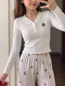SHEIN Tween女孩可愛甜美極簡彩色熊圖案V領半開襟荷葉邊長袖居家休閒睡衣套裝 2件組 - 彩色 - 查看 12