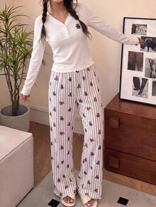 SHEIN Tween女孩可愛甜美極簡彩色熊圖案V領半開襟荷葉邊長袖居家休閒睡衣套裝 2件組 - 彩色 - 查看 4