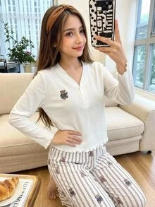 SHEIN Tween女孩可愛甜美極簡彩色熊圖案V領半開襟荷葉邊長袖居家休閒睡衣套裝 2件組 - 彩色 - 查看 11