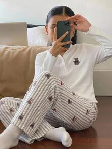 SHEIN Tween女孩可愛甜美極簡彩色熊圖案V領半開襟荷葉邊長袖居家休閒睡衣套裝 2件組 - 彩色 - 查看 10