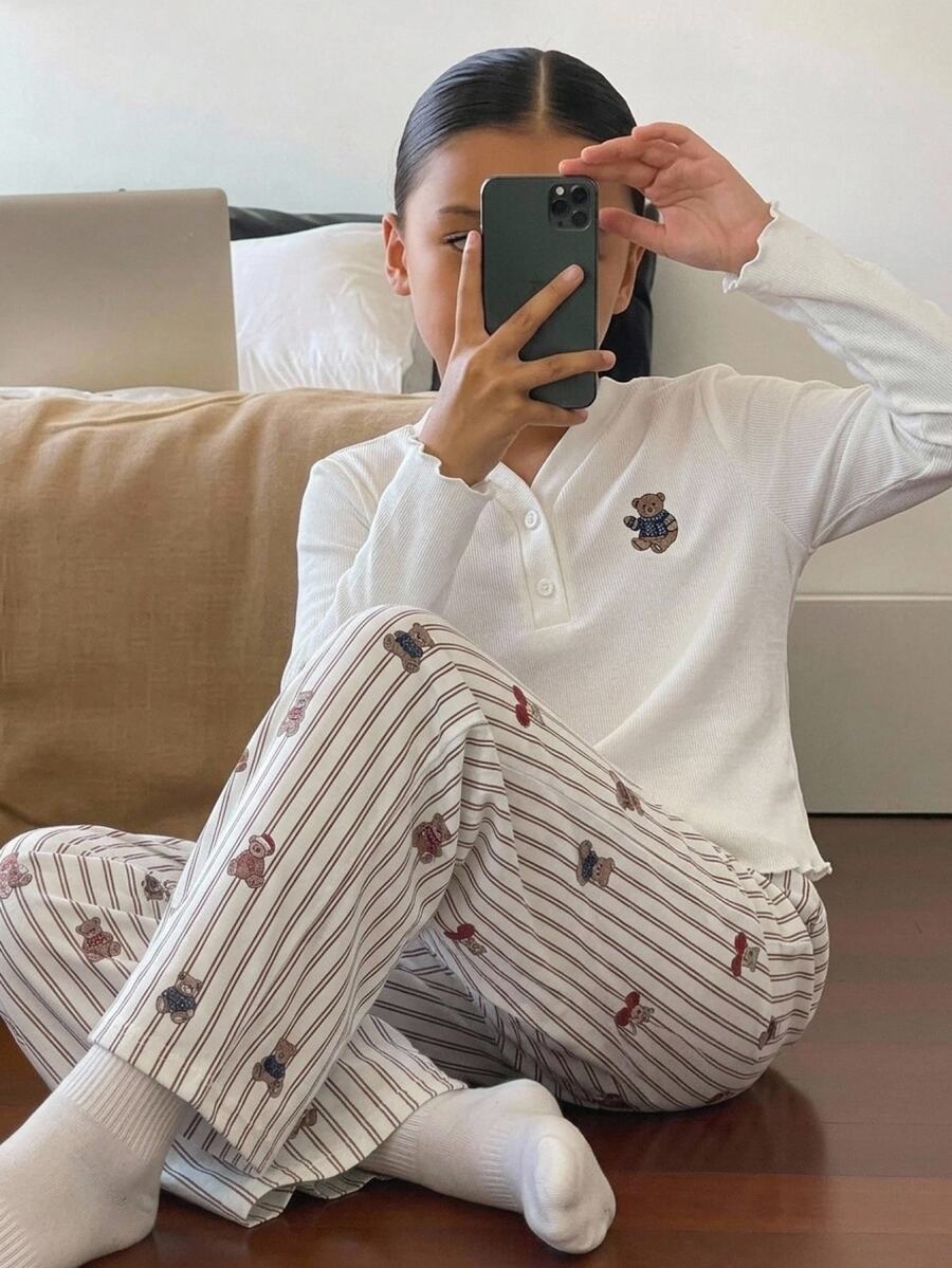SHEIN Tween Girl Tween Girls Tween Girl Cute Sweet Minimalist Colorful Bear Pattern -Neck - Front Long Sleeve Pants Soft Comfortable Loungewear Pajama Set 2pcs - Multicolor - View 1