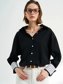 Airaco Women's Casual Commuting Striped Patchwork Long Sleeve Shirt Fall Cloth For Women - Black - View 3
