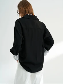 Airaco Women's Casual Commuting Striped Patchwork Long Sleeve Shirt Fall Cloth For Women - Black - View 4