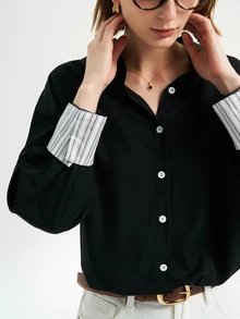 Airaco Women's Casual Commuting Striped Patchwork Long Sleeve Shirt Fall Cloth For Women - Black - View 7