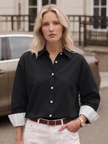 Airaco Women's Casual Commuting Striped Patchwork Long Sleeve Shirt Fall Cloth For Women - Black - View 1