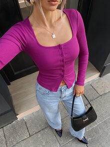 SHEIN ChicEase 女士休闲性感紫色 Y2K 极简可爱复古美式方领纯色长袖时尚上衣，春夏款，适合日常校园辣妹和居家休闲穿着 T 恤 - 中紫紅色 - 查看 2