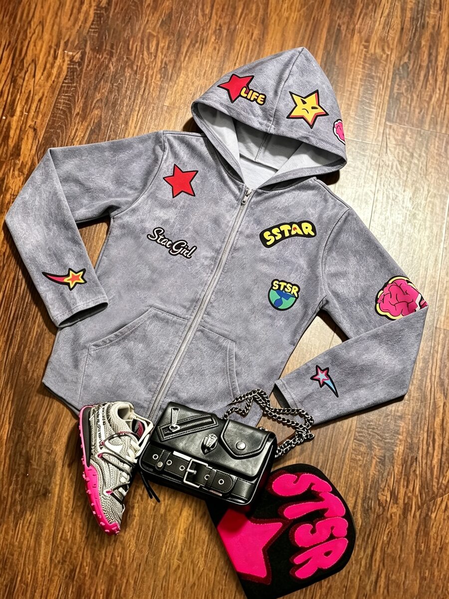 SHEIN Sparklyn Sweatshirt Remaja Perempuan Pakaian Musim Gugur / Gaya Jalanan Streetwear Y2k Jaket Berkerudung Motif Grafiti, Sempurna untuk Jalan-jalan Sekolah Menengah Atas Warna Abu-abu Merah Muda - Grey - View 1