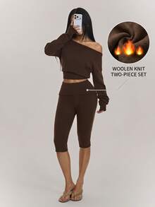 SHEIN PETITE Women's Solid Color Asymmetrical Shoulder Long Sleeve Sweater And 3/4 Length Knit Pants 2 Pieces Set - Coffee Brown - View 3