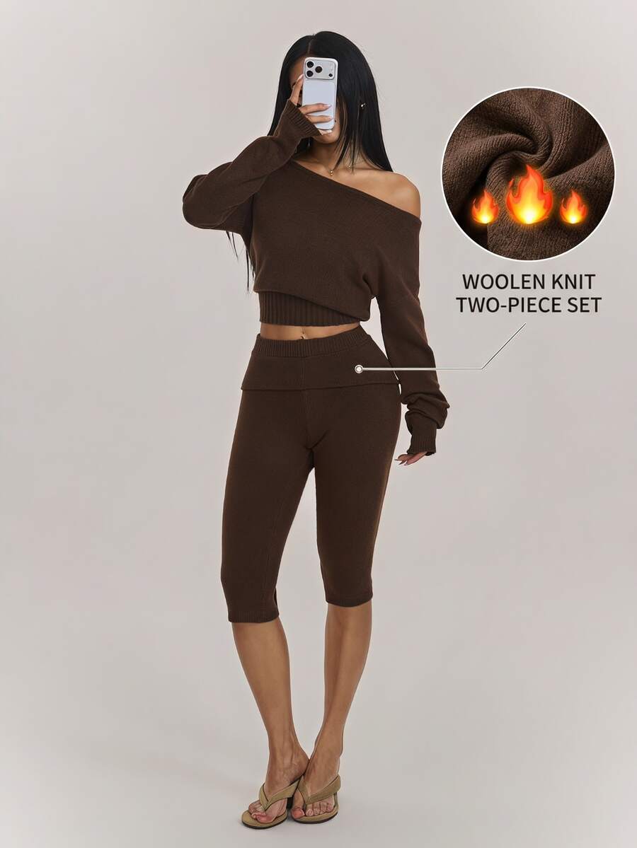 SHEIN PETITE Women's Solid Color Asymmetrical Shoulder Long Sleeve Sweater And 3/4 Length Knit Pants 2 Pieces Set - Coffee Brown - View 1