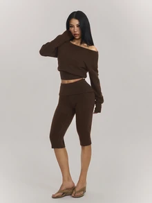 SHEIN PETITE Women's Solid Color Asymmetrical Shoulder Long Sleeve Sweater And 3/4 Length Knit Pants 2 Pieces Set - Coffee Brown - View 4