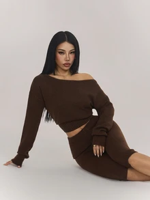 SHEIN PETITE Women's Solid Color Asymmetrical Shoulder Long Sleeve Sweater And 3/4 Length Knit Pants 2 Pieces Set - Coffee Brown - View 5