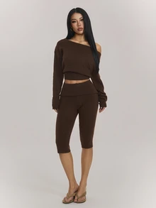 SHEIN PETITE Women's Solid Color Asymmetrical Shoulder Long Sleeve Sweater And 3/4 Length Knit Pants 2 Pieces Set - Coffee Brown - View 8