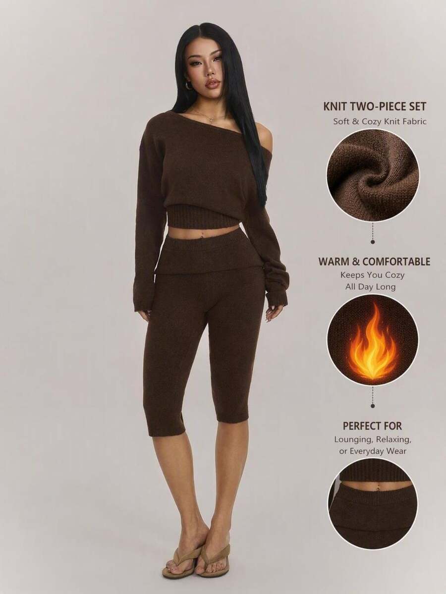 SHEIN PETITE Women's Solid Color Asymmetrical Shoulder Long Sleeve Sweater And 3/4 Length Knit Pants 2 Pieces Set - Coffee Brown - View 1