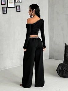 Coolane Women's Fall Streetwear Daily Wear Sport Basic Knit Stretchy Graphics Leopard Contrast Piping Black Asymmetrical Neck Long Sleeve Tops And Pants 2pcs - Black - View 5