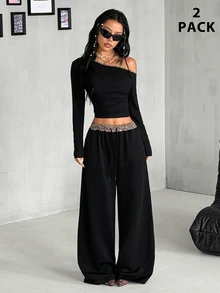 Coolane Women's Fall Streetwear Daily Wear Sport Basic Knit Stretchy Graphics Leopard Contrast Piping Black Asymmetrical Neck Long Sleeve Tops And Pants 2pcs - Black - View 3