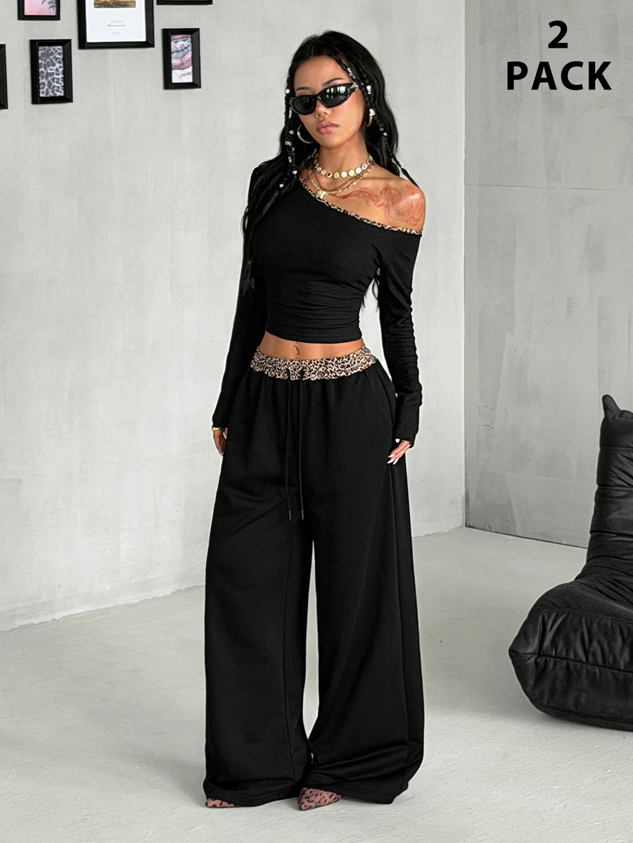 Coolane Women's Fall Streetwear Daily Wear Sport Basic Knit Stretchy Graphics Leopard Contrast Piping Black Asymmetrical Neck Long Sleeve Tops And Pants 2pcs - Black - View 1